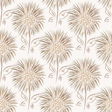 Inula flower seamless vector pattern background. Perennial cottage garden flowers neutral pastel backdrop. Giant Fleabane painterly geometric design. Maximalist cottagecore for summer, packaging