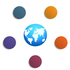 Template for infographics, the globe with a map and colored circles 5 positions