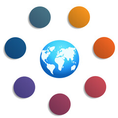 Template for infographics, the globe with a map and colored circles 7 positions