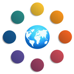 Template for infographics, the globe with a map and colored circles 8 positions