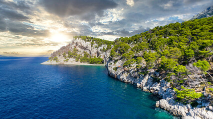 Fototapeta na wymiar Beautiful Nugal beach near Makarska town, Dalmatia, Croatia. Makarska riviera, famous landmark and travel touristic destination in Europe