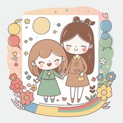 pastel cartoon mothers day for greeting card, social media, clip art, clipart, gift. mother and daughter together doing activies