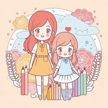 pastel cartoon mothers day for greeting card, social media, clip art, clipart, gift. mother and daughter together doing activies