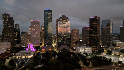 Amazing view over the skyline of Houston Texas at night - aerial view