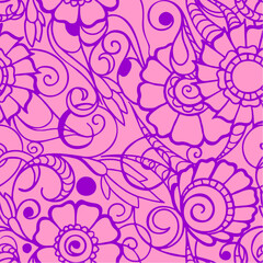 seamless pattern of magenta contours of flowers on a pink background, texture, design