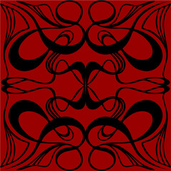 seamless graphic pattern, tile with abstract geometric black ornament on dark red background, texture, design