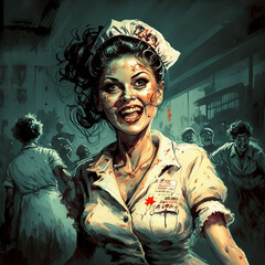Zombie nurse with a crazy smile at the hospital