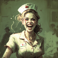 Zombie nurse with a crazy smile at the hospital