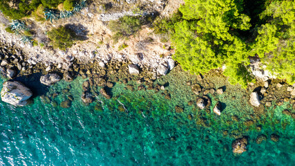 Turquoise water panoramic background from drone. Summer seascape from air. Croatia. Travel - image
