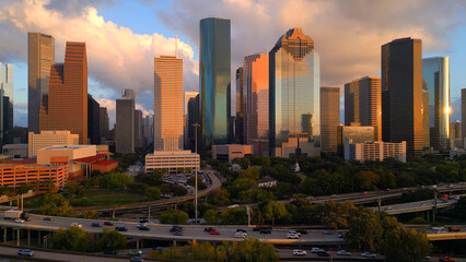 Fototapeta premium Skyline of Houston Texas at sunset - aerial view