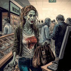 Naklejka premium zombies shopping for groceries and clothes at the supermarket and mall