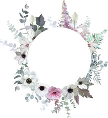 round floral frame with anemones, eucalyptus and fern
