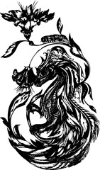 Fantasy abstract dragon tattoo. Japanese dragon tattoo isolated on white background.illustration of asia dragon for printing.Dragon Chinese character.Symbol of asia.