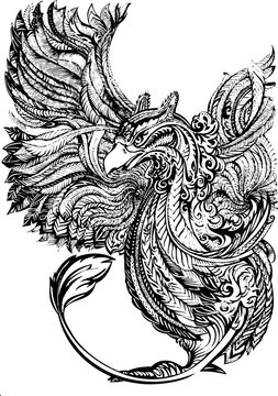 The fantastic Griffon bird. Tattoo. Mythological animals. Mythical antique Griffin. Ancient Birds, fantastic creatures in the old vintage style.