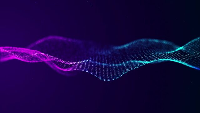Abstract digital particle wave animation on purple and blue background
