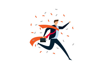 Business winner reaching goal, success celebration, joyful smart businessman worker running reaching goal at the finishing line as first winner.