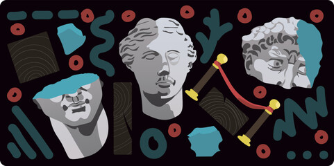 Art objects for exhibitions of classical and modern art and culture, sculpture and music. Illustrations, plaster busts, marble statues and abstract shapes and lines