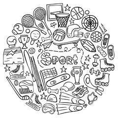 Hand drawn sport doodle set on white. Sports equipment and training supplies. Vector illustration.