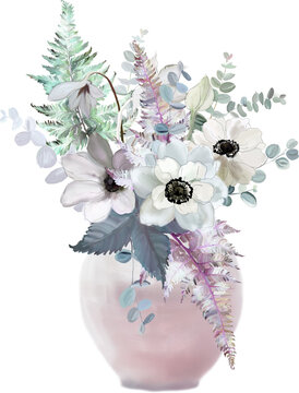 Beautiful bouquet with anemones, fern and eucalyptus