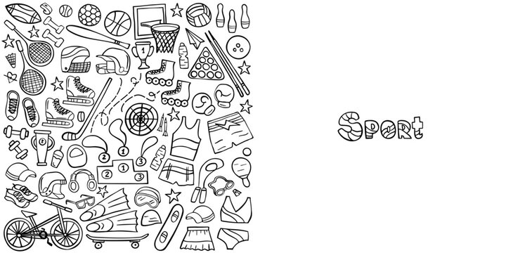 Banner sport doodle set on white. Sports equipment and training supplies. Vector illustration.