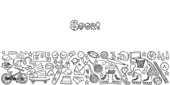 Banner sport doodle set on white. Sports equipment and training supplies. Vector illustration.