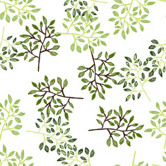 Hand drawn branches with leaves seamless pattern. Botanical sketch background. Decorative forest twig endless wallpaper.