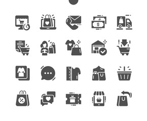Online store. Delivery, contact, faq, reviews and catalog. Dropshipping. Add to basket. Online shop. Vector Solid Icons. Simple Pictogram