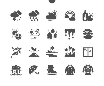 Spring weather. First spring flowers. Cloudy, storm, rain. Raincoat. Vector Solid Icons. Simple Pictogram