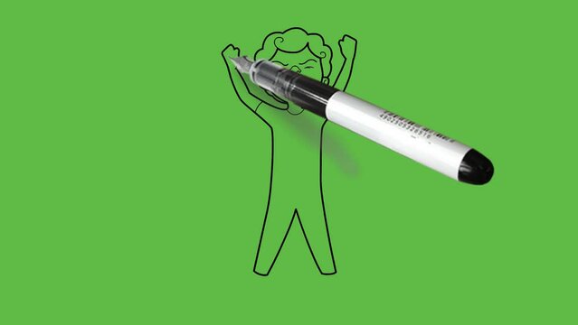 Draw little standing boy hold his both fists upside and laughing joyfully wearing green t-shirt, blue pent, green footwear and yellow cap with black outline on abstract green background
