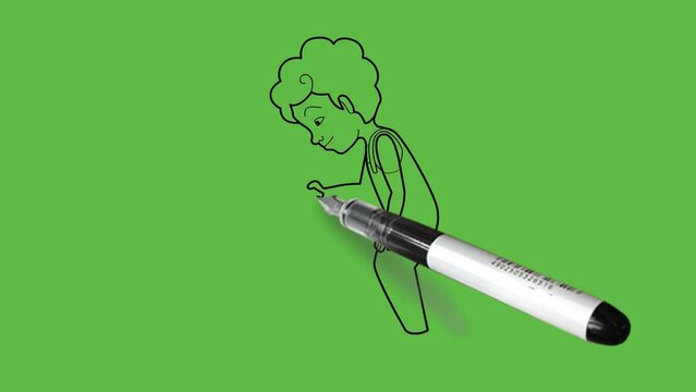 Draw little kneeling standing boy hold magnifying glass with handle and see carefully wearing green t-shirt, blue pent, green footwear and yellow cap with black outline on abstract green background
