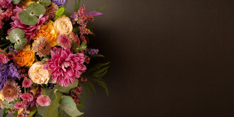 High angle view photography of colorful flowers bouquet against background with copy space.