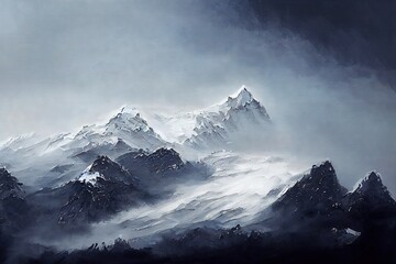 Fototapeta na wymiar Snowy mountain foggy painting landscape Generative AI