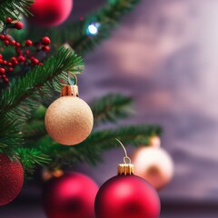 Christmas Tree Closeup With Baubles And Blurred Shiny Lights