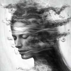 Double exposure surreal image of woman representing stress. Great for ads, book covers, posters and more. AI Generated Illustration.