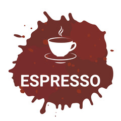 Espresso, vector illustration with hand lettering. White letters with coffee cup, brown coffee liquid spots Menu set flyer banner poster. Fresh aroma. Coffee to go, shop cafe packaging.Roasted. 