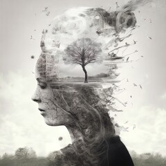 Double exposure image of woman and landscape. AI Generated Illustration.