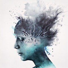 Double exposure surreal image of woman representing stress. Great for ads, book covers, posters and more. AI Generated Illustration.