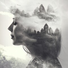 Fototapeta premium Double exposure image of woman and landscape. AI Generated Illustration.