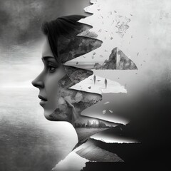 Double exposure surreal image of woman representing stress. Great for ads, book covers, posters and more. AI Generated Illustration.
