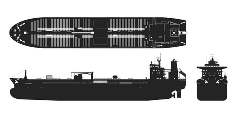 Tanker black silhouette. Cargo ship industrial blueprint. Petroleum boat view top, side and front. Isolated vehicle drawing. Commerce water transport
