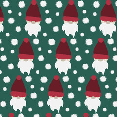 Christmas gnome and snow vector seamless pattern, winter, holiday, character, cartoon, design, green, red, white, for print, wallpaper, background, textile, wrapping paper, phone cases, gift cards