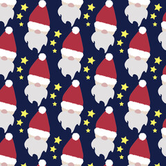 Christmas gnome and stars vector seamless pattern, winter, holiday, character, cartoon, design, green, red, white, for print, wallpaper, background, textile, wrapping paper, phone cases, gift cards