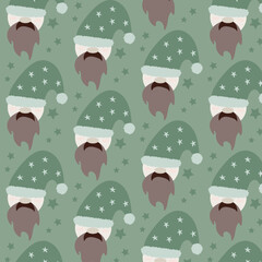 Christmas gnome and stars vector seamless pattern, winter, holiday, character, cartoon, design, green, red, white, for print, wallpaper, background, textile, wrapping paper, phone cases, gift cards