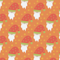 Christmas gnome and stars vector seamless pattern, winter, holiday, character, cartoon, design, green, red, white, for print, wallpaper, background, textile, wrapping paper, phone cases, gift cards