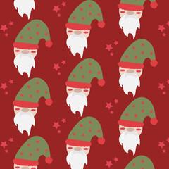 Christmas gnome and stars vector seamless pattern, winter, holiday, character, cartoon, design, green, red, white, for print, wallpaper, background, textile, wrapping paper, phone cases, gift cards