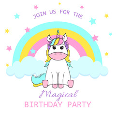 Birthday party invitation with a baby unicorn. Vector illustration on white background