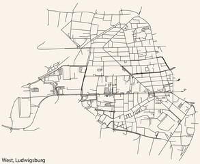 Detailed navigation black lines urban street roads map of the WEST MUNICIPALITY of the German regional capital city of LUDWIGSBURG, Germany on vintage beige background