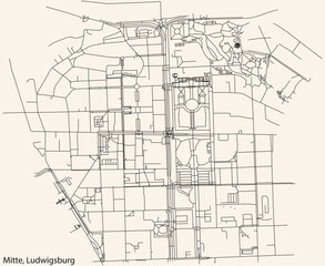 Detailed navigation black lines urban street roads map of the MITTE MUNICIPALITY of the German regional capital city of LUDWIGSBURG, Germany on vintage beige background