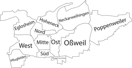 Naklejka premium White flat vector administrative map of LUDWIGSBURG, GERMANY with name tags and black border lines of its municipalities