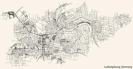 Detailed navigation black lines urban street roads map of the German town of LUDWIGSBURG, GERMANY on vintage beige background